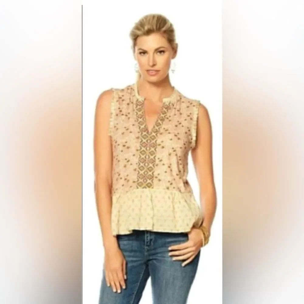 Lucky Brand Women  BOHO Geo Floral Tan Sleeveless Blouse Top NWT
